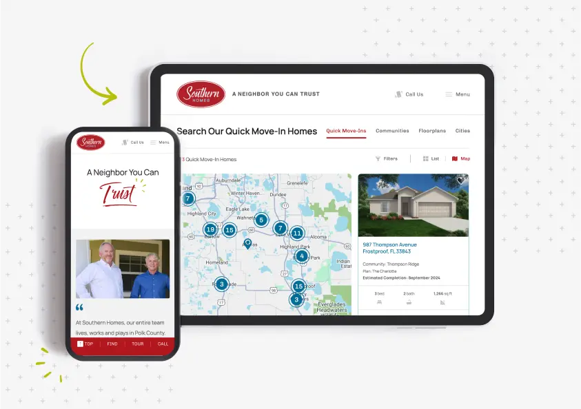 Laptop with cellphone displaying Southern Homes website